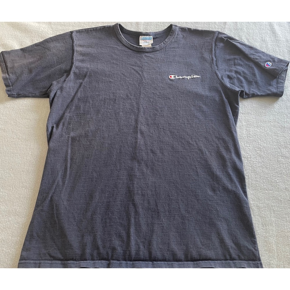 VTG Champion Mens XL Nvy Blue Shrt Sleeve Double*Embroidered Script Logo T-Shirt